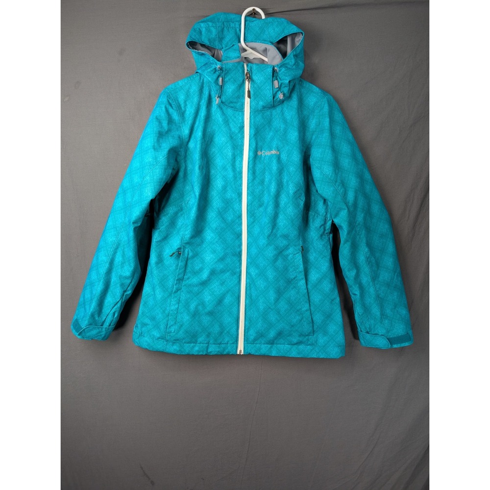 Columbia Womens‎ Omni-Tech Hooded Rain Jacket Teal Diamond Print Size Medium